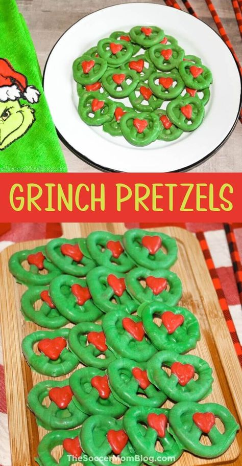 Sweet and crunchy Grinch pretzel treats are easy to make with just 3 ingredients and are a festive snack for a holiday party or Christmas movie night! Grinch Christmas Food Snacks, Grinch Trail Mix Christmas Parties, Christmas Class Snack Ideas, Healthy Grinch Snacks, Grinch Themed Christmas Party For Kids, Christmas Kids Snacks, Grinch Appetizers, Kids Christmas Party Snacks, Grinch Healthy Snacks