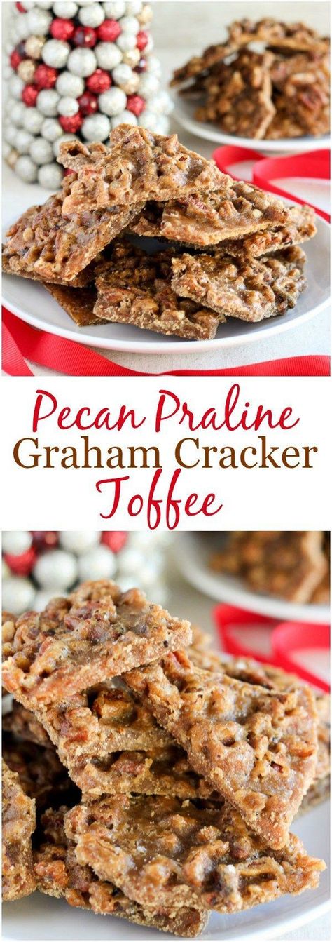 Pecan Praline Graham Cracker Toffee - This melt-in-your-mouth toffee is sweet and salty with a deep brown sugar flavor and a topping of toasted pecans. It's seriously addicting! It comes together in minutes, no candy thermometer needed! Graham Dessert, Graham Cracker Toffee, Toffee Bark, Pecan Praline, Cracker Toffee, Pecan Pralines, Candy Thermometer, Pecan Recipes, Homemade Candies