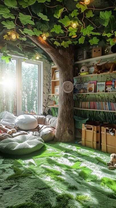 Enchanted Forest Apartment, Fake Trees In Bedroom, Enchanted Forest Set Design, Fake Tree In Bedroom, Fairy Playroom, Forest Room Kids, Enchanted Forest Kids Room, Forest Kids Bedroom, Forest Seating