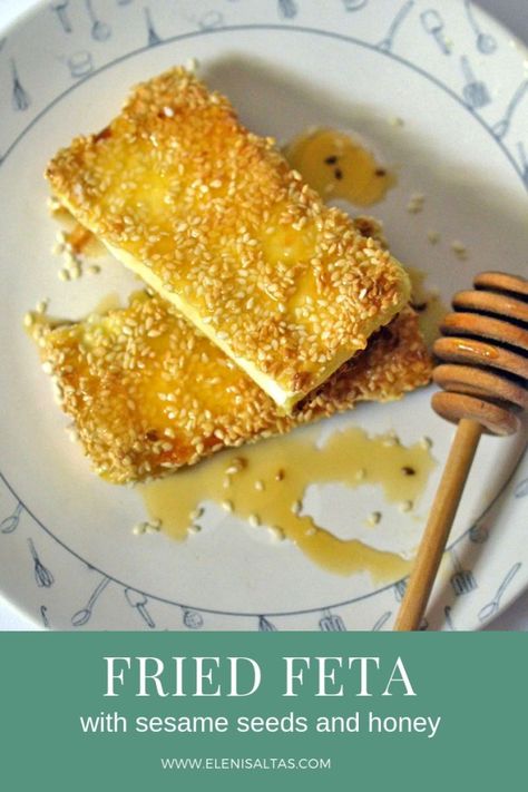 delicious fried feta coated with sesame seeds and topped with honey. Greek Fried Feta With Honey, Honey Fried Feta, Feta Honey Appetizer, Fried Feta With Honey And Sesame Seeds, Fried Feta With Honey, Sesame Feta, Fried Feta Cheese, Feta And Honey, Greek Fried Cheese