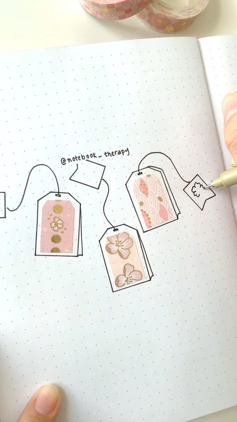 NotebookTherapy.com | bujo 💕 on Instagram: “How to: Sakura teabags 🌸💕 using our Tsuki Bullet Journal Stencils + Tsuki Sakura Washi Tapes! I've been obsessed with trying out flavoured…” Washi Tape Bujo Ideas, Sakura Journal Ideas, Bujo Sakura Theme, Japanese Journal Aesthetic, How To Use Washi Tape Ideas, Japanese Bullet Journal, Bullet Journal Washi Tape Ideas, Kawaii Bullet Journal, Pink Bullet Journal