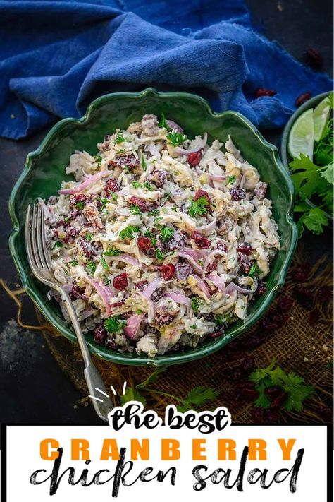 Creamy, filling, easy to make and delicious Cranberry Chicken Salad has a nice crunch from pecans and slight sweetness and tang from dried cranberries. Make it with simple ingredients in under 10 minutes. Cranberry Chicken Salad Recipe, Winter Holiday Recipes, Cranberry Chicken Salad, Pecan Chicken Salads, Cranberry Chicken, Pecan Chicken, Cranberry Salad, Creamy Dressing, Prep Recipes