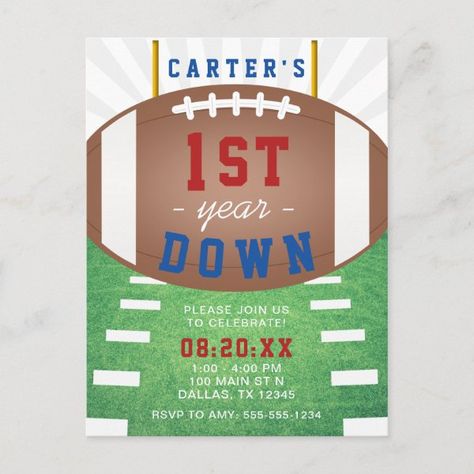 First Year Down Football Theme 1st Birthday Postcard Football Gift Ideas, Football Theme Birthday, Toddler Football, Sports Birthday Invitations, 2nd Birthday Party For Boys, Birthday Postcard, Sports Theme Birthday, Football Birthday Party, 1st Birthday Party Invitations