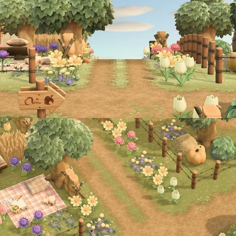 Flower Farm Acnh, Acnh Heart Pond Tutorial, Animal Crossing Meadow, Acnh Maypole Ideas, Acnh Strawberry Farm, Acnh Tulip Field, Meadowcore Acnh, Springcore Animal Crossing, Acnh Road Code