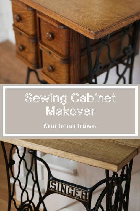 Singer Cabinet Makeover ~ Sewing Cabinet Repurpose ~ Sewing Cabinet Makeovers ~ White Cottage Co. Repurposed Sewing Machine Cabinet, Refurbished Singer Sewing Machine Table, Upcycled Sewing Cabinet, Repurpose Singer Sewing Machine Cabinet, Singer Sewing Machine Drawers Repurposed, Sewing Cabinet Redo, Sewing Cabinet Makeover, Old Singer Sewing Cabinet, Singer Sewing Machine Repurposed