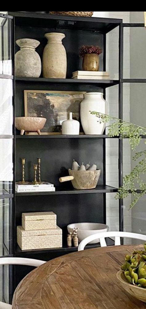 Black Cabinet Styling, Accessorizing Shelves Bookcase Styling, Etagere Styling, Black Bookcase Decor, Display Case Decor, Magnolia Shelf Decor, Styled Shelves Living Room, Rh Bookcase, Black Hutch Decorating Ideas