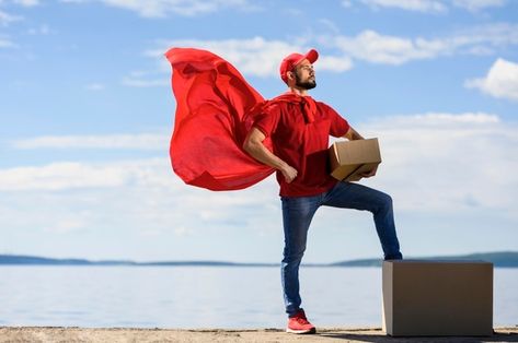 Front view delivery man wearing superher... | Premium Photo #Freepik #photo #man #box #packaging #delivery Superhero Cape, Delivery Pictures, Delivery Photos, Superhero Capes, Hard Workers, Poster Background Design, Business Icons Design, Creative Posters, Creative Ads