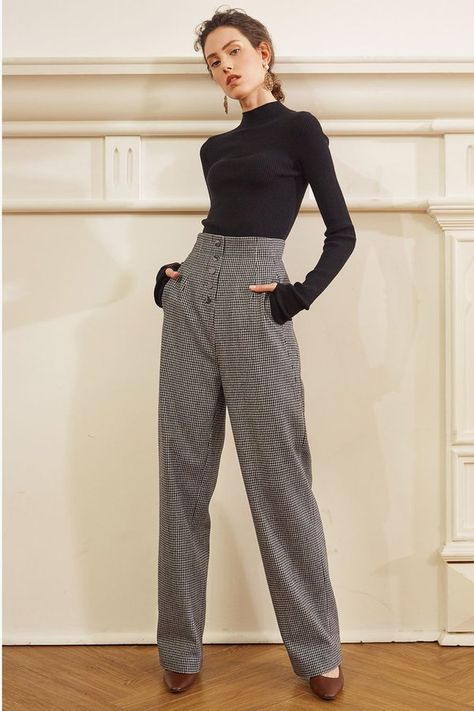 High Waisted Tweed Pants Tweed Pants Outfit Women, Tweed Pants Outfit, Genuine People, Tweed Pants, Academia Style, Ribbed Shirt, Plaid Outfits, Professional Wardrobe, Cold Weather Outfits