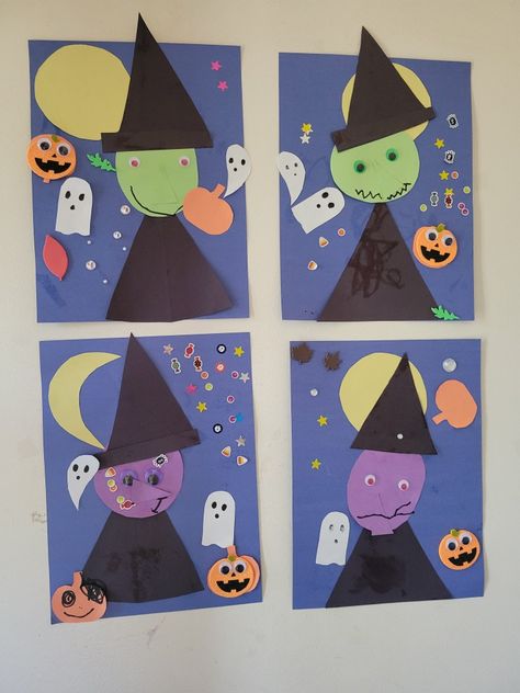 Halloween Shape Crafts Preschool, Halloween Crafts School Age, Shape Halloween Crafts, Bat Process Art Preschool, Witch Art Preschool, Halloween Crafts For Three Year Olds, Preschool Halloween Classroom Decor, Halloween Kid Art, Halloween Crafts Construction Paper