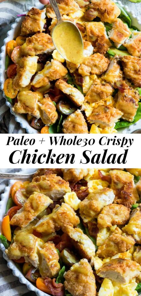 This crispy chicken salad is packed with all your favorites and topped with a perfectly sweet tangy honey mustard dressing! This is the salad I grew up loving, finally made paleo with a Whole30 option! Crispy grain-free “breaded” chicken is tossed with greens, bacon, chopped eggs, tomatoes and avocado to make it just like the classic. #paleo #whole30 #cleaneating Salad With Honey Mustard Dressing, Crispy Chicken Salad, Crispy Chicken Salads, Paleo Dinners, Paleo Salads, Whole30 Dinners, Whole 30 Diet, Honey Mustard Dressing, Whole30 Recipes