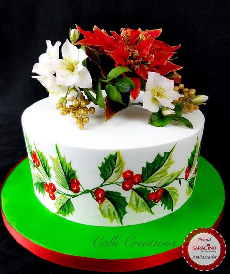 Christmas Cake for a school fete. Boozy fruit rich cake, royal iced. Sugar Christmas Posy. #CalliCreations #CalliCreation #handpaintedcake #handpainted #sugarflowers #poinsettia #christmas #christmasflowers #holly #berries  #edibleart https://www.facebook.com/callicreation Small Christmas Cakes, Boozy Fruit, Traditional Christmas Cake, Christmas Fruit Cake, Fruit Christmas, Candyland Cake, Butter Board, Holiday Treats Christmas, Christmas Cake Ideas