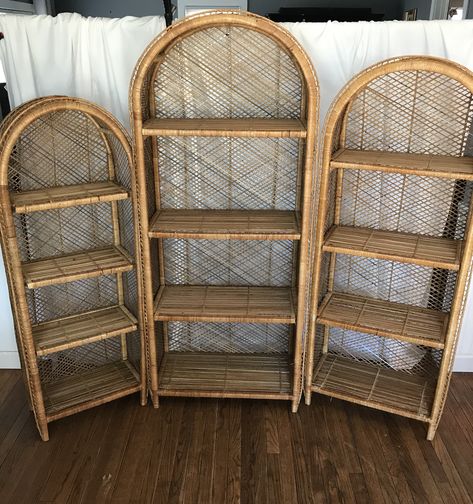 Unbelievably beautiful arched wicker shelving units with woven edges. These delicate but sturdy shelves will add a boho vibe to any home. Wicker Shelves, Mid Century Wall Unit, Shabby Chic Cabinet, Wicker Shelf, Large Decor, Etagere Bookcase, Wicker Decor, Wicker Sofa, Bookcase Shelves