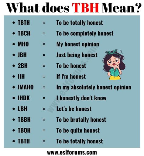 TBH Meaning: Do You Know What TBH Stands for in Texting? - ESL Forums What Does Tbh Stand For, Tbh Meaning, Internet Abbreviations, Texting Codes, American Slang Words, Text Language, Teen Slang, Internet Slang, Text Codes