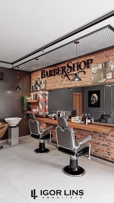 Barbershop And Salon Design, Barber Shop Shed Ideas, Barbershop Small Space, At Home Barber Station, Small Barbershop Ideas, Barber Shop Decor Ideas Interior Design, Barber Salon Design, Barbershop Decor Ideas, Barber Shop Design Interior