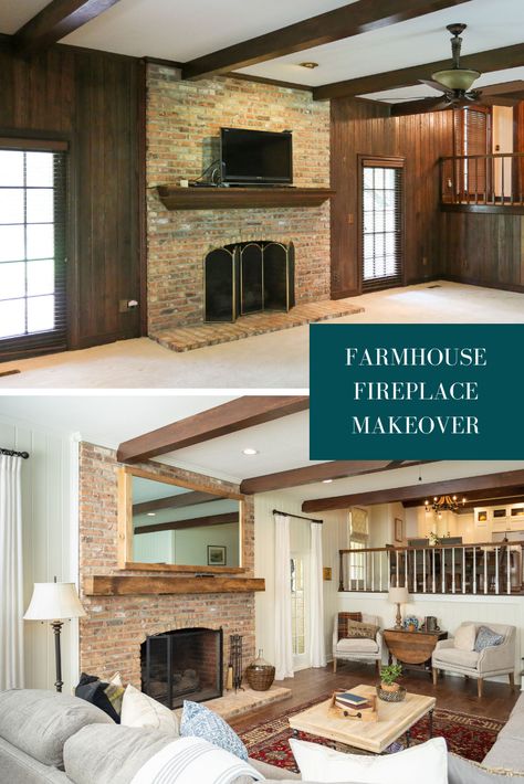 Farmhouse Fireplace Makeover, Wood Paneling Makeover, Rustic Farmhouse Fireplace, Paneling Makeover, Living Colors, House Before And After, Home Remodeling Contractors, Farmhouse Fireplace, Home Remodeling Diy