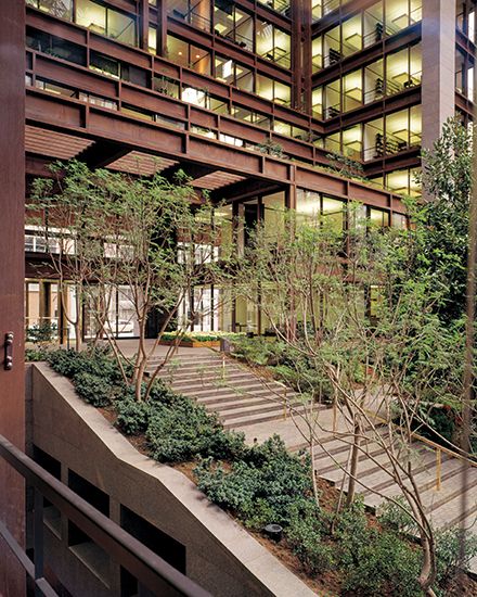 Plant Inspired Architecture, Architecture Integrated With Nature, Trees In Buildings Architecture, Tree In Building Architecture, Foundation Architecture, Brutalist Architecture With Plants, Ford Foundation, Renovation Architecture, Home Greenhouse