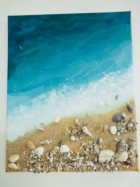 Seashell Crafts Canvas, Canvas Painting Ideas Sea Beach Art, Beach Painting With Shells, Painting With Shells On Canvas, Beach Sand Painting, Sea Shell Canvas Art, Sea Shell Painting On Canvas, Seashell On Canvas, Seashells On Canvas