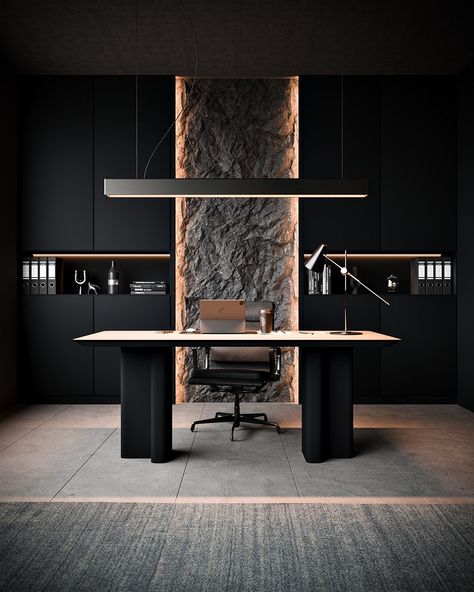 Office Desk Interior Design, Modern Office At Home, Luxurious Desk Office, Monochrome Office Design, Office Interior Design Black, Office Themes Ideas Decor, Black Office Design, House Office Design, Basement Office Ideas