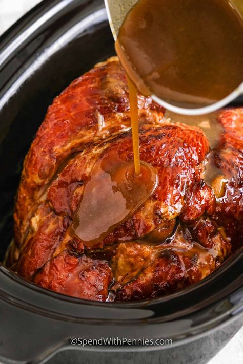 Crock Pot Ham - Spend With Pennies Ham In The Crockpot, Honey Mustard Glazed Ham, Mustard Glazed Ham, Cooking Ham In Crockpot, Crock Pot Ham, Ham Recipes Crockpot, Slow Cooker Ham Recipes, Precooked Ham, Bisque Soup Recipes