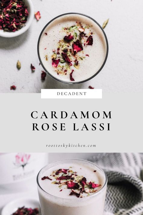 Top image: bird's eye view of a glass of cardamom rose lassi, garnished with pistachio and rose. Bottom image: lassi at an angle with striped Turkish linen and product in the background. Rose Lassi, Floral Drink, Powder Drink, Rose Powder, Powder Recipe, Flower Food, Herbal Remedies, The Spirit, The Wild