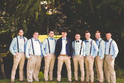 Light blue shirt. Khaki pants. Navy suspenders. Groom with blazer. Groomsmen pose. Groomsmen Attire Light Blue, Blue Shirt Khaki Pants, Khaki Groomsmen, Blue Groomsmen Attire, Khaki Pants Outfit Men, Navy Blue Pants Outfit, Khaki Wedding, Casual Groomsmen, Dark Khaki Pants