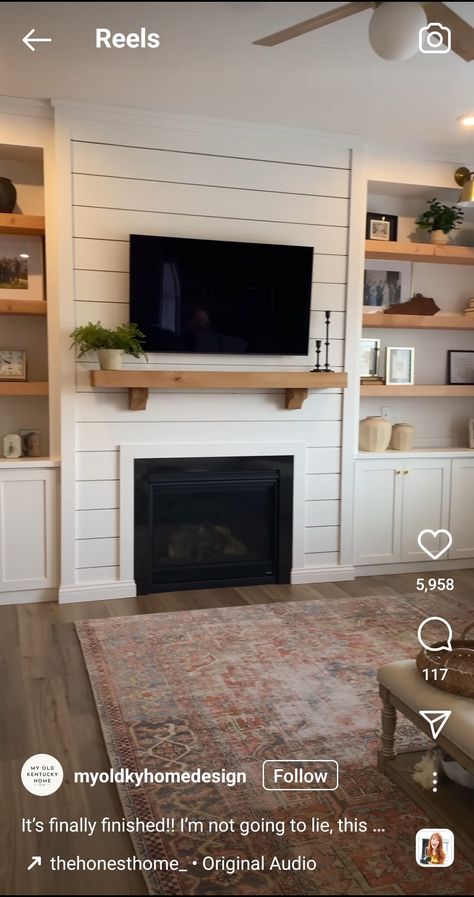 Living Room Inspiration With Fireplace And Tv, Shiplap Fireplace With Built Ins On Both Sides, Cottage Gas Fireplace Ideas, Traditional Gas Fireplace Ideas With Tv Above, Diy Propane Fireplace Living Rooms, Gas Fireplace With Shelves On Side, Fireplace Insert With Built Ins, Fireplace With Small Built Ins, White Shiplap Fireplace With Built Ins