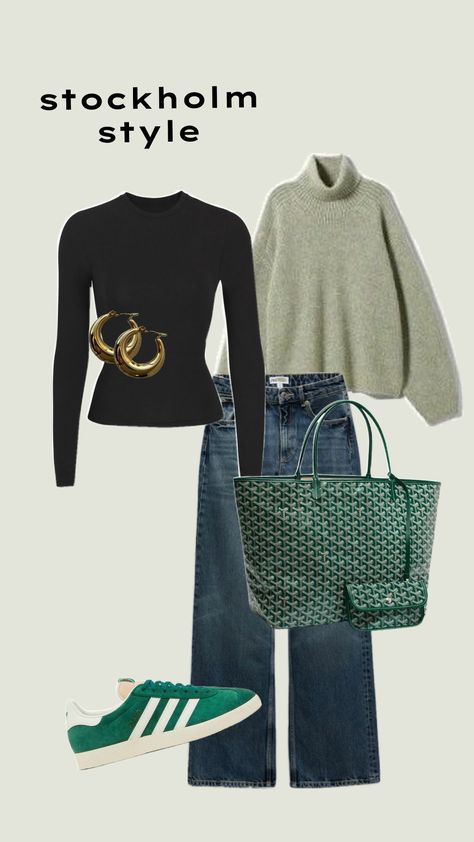 #stockholmstyle #chic #jeans #bluejeans #cozy #gold #goldjewelry #skims #gazelle #green #goyard #goyardbag Green Goyard Outfit, Green Goyard Tote Outfit, Green Goyard Tote, Green Purse Outfit, Goyard Tote Outfit, Green Goyard, Green Bag Outfit, Chicago Trip, Goyard Tote