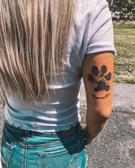 Passed Dogs Tattoos, Best Friend Tribute Tattoo, Dog Paw Print Tattoo Placement, In Memory Dog Tattoo Ideas, Pitbull Paw Print Tattoo, Tattoo Dedicated To Dog, Forearm Dog Tattoo, Tattoos For Your Dogs, Paw Print Tattoo Dog Outline