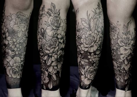 Half leg tattoo Flower Leg Tattoo Men, Leg Tattoos Men Lower Calf, Calf Tattoo Sleeve, Womens Shin Tattoo, Half Leg Sleeve Tattoo Calf, Calf Flower Tattoo, Tattoo Ideas Female Leg Sleeve, Half Leg Sleeves For Females, Lower Leg Sleeve Tattoo