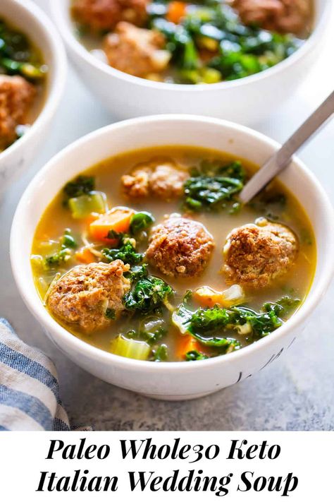 This Paleo Italian Wedding Soup is the perfect cozy comfort food! It’s easy to make, packed with the tastiest Italian sausage meatballs and plenty of veggies. It’s grain free, Whole30 friendly and keto. #paleo #whole30 #keto #cleaneating #soup Whole 30 Soup, Italian Sausage Meatballs, Soup Paleo, Sausage Meatballs, Paleo Soup, Whole30 Keto, Italian Meats, Wedding Soup, Hot Italian Sausage