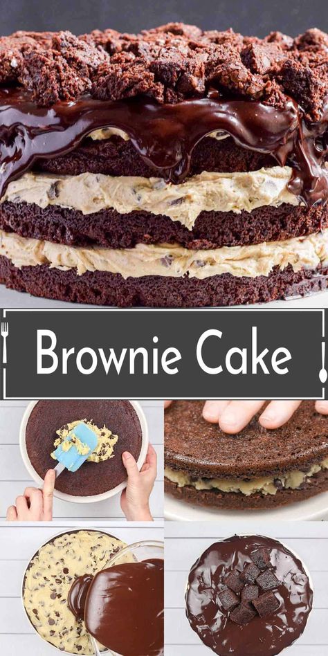 This decadent brownie cake recipe blends three beloved desserts: the rich, fudgy texture of brownies, irresistible chocolate chip cookie dough, and the structure of a cake. Cookie Dough Brownie Cake Recipe, Brookie Cake Recipe, Chocolate Cake Birthday Ideas, Brownie Cookie Dough Cake, Brownie Cakes For Birthday, Chocolate Cookie Dough Cake, Chocolate Cookie Cake Recipe, Brownie Layered Desserts, Brownie Birthday Cake Ideas