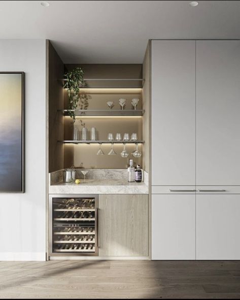 Wine Mini Bar, Wine Bar Cabinets, Wall Bar Living Room, Ikea Cabinet Bar Hack, Wine Nook In Kitchen, Living Room Wine Cabinet, Modern Bar In Living Room, Built In Wine Shelf, Mini Bar Dining Room