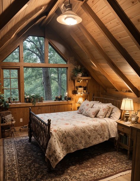 Cozy Attic Bedroom 🏠💤 Pitched Roof Bedroom, Cozy Attic Room, Cool Attic Rooms, Attic Bedroom Ideas Angled Ceilings, Cozy Attic Bedroom, Attic Bedroom Ideas, Cabin Room, Cozy Attic, Angled Ceilings