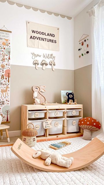 Woodland Themed Bedroom, Safari Room Decor, Mushroom Basket, Ikea Hack Bedroom, Trofast Ikea, Woodland Bedroom, Playroom Flooring, Animal Baby Room, Diy Nursery Decor