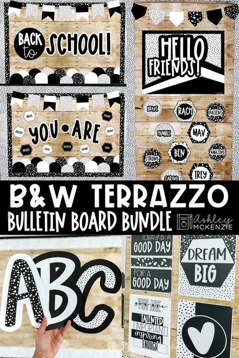 5 unique classroom decorating kits featuring a black and white terrazzo styled theme to use during back to school season or anytime throughout the school year. Black And White Neutral Classroom Decor, Dalmatian Classroom Theme, White And Black Classroom Decor, Black And White Classroom Theme, Classroom Black And White, Black White Classroom, Black And White Classroom Decor, Black And White Terrazzo, Black And White Classroom