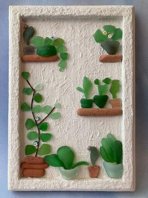 Sea Glass Art Plants, Beach Glass Art Pictures, Sea Glass Pictures Ideas, Seaglass Art Ideas, Sea Glass Art Ideas, Sea Glass Pictures, Seaglass Crafts, Sea Glass Window Art, Sea Glass Artwork