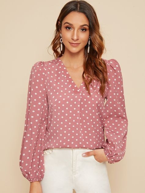 V-neck Polka Dot Lantern Sleeve Top | SHEIN Chiffon Blouses Designs, Office Wear Dresses, Lantern Sleeve Top, Mode Turban, Spring Shirts, Spring Tops, Polka Dot Blouse, Beautiful Blouses, Lantern Sleeve