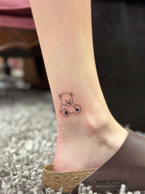 Teddy Bear Ankle Tattoo, Teddy Bear Tattoo Small Simple, Bear Tattoo Ideas For Women, Cute Bear Tattoo, Teddy Tattoo, Teddy Bear Tattoo, Pop Culture Tattoos, Animal Tattoos For Women, Culture Tattoos