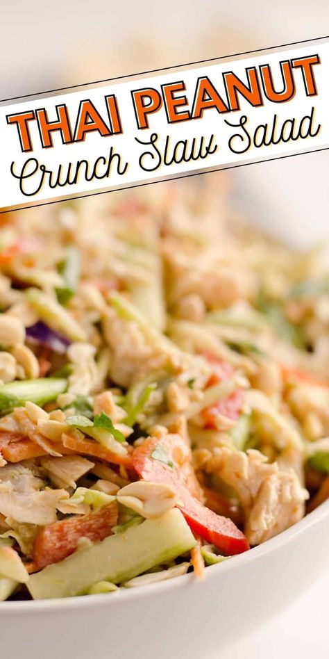 Thai Peanut Chicken Crunch Slaw Salad is an easy & healthy 20 minute salad that is loaded with fresh flavor and crunch! Coleslaw and broccoli slaw are tossed with cucumbers, carrots, bell peppers and chicken and dressed with a homemade Thai Peanut Sauce for a hearty serving of vegetables in a salad you will love. Asian Chicken Salad With Peanut Dressing, Thai Peanut Chicken Salad, Super Crunch Salad, Bell Peppers And Chicken, Peppers And Chicken, Peanut Crunch, Slaw Salad, Peanut Salad, Crunch Salad