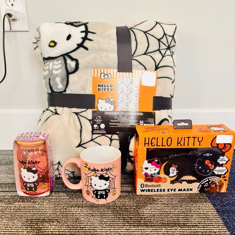 New Hello Kitty Halloween Bundle Includes Twin Sized Plush Blanket Bluetooth Eye Mask That Plays Music Or Reads Books 1 Pink Skeleton Mug 1 Pink Skeleton Tumbler Cup With Glass Straw Smoke And Pet Free Home! Please Look At My Other Listings! I Will Bundle Special Requests! I Will Ship With Care! Tiktok Famous And Very Hard To Find After Going Viral Trending Tiktok Viral Halloween Spooky Fall Skeleton Witch Pumpkin Skull Ghost Cake Gift Basket, Fall Skeleton, Skeleton Tumbler, Sanrio Halloween, Spooky Basket, Skeleton Mug, Pink Skeleton, Skeleton Witch, Boo Baskets