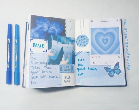 Blue Theme Journal Ideas, Blue Scrapbook Aesthetic, Blue Scrapbook Ideas, Scrapbook Spreads, Instagram Scrapbook, Scrapbooking Idea, Blue Journal, Blue Scrapbook, Bulletin Journal