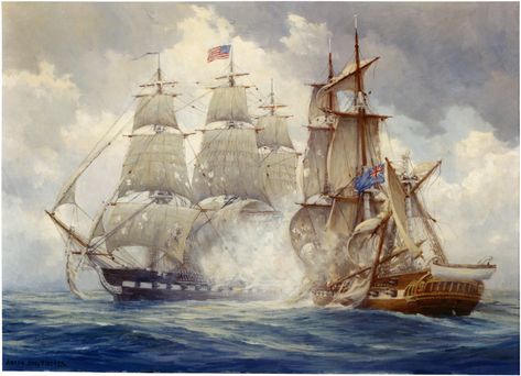 Frigate USS Constitution defeats H.M. Frigate Java,  29 December 1812. - Painting by Anton Otto Fischer, depicting the Java, at right, being dis-masted by the Constitution's gunfire. The American frigate was commanded by Captain William Bainbridge. Courtesy of the Navy Art Gallery Collection,  Gift of Katrina S. Fischer. Naval History & Heritage Command Photograph. NH 85543-KN (color) Maritime Painting, Navi A Vela, Uss Constitution, Old Sailing Ships, Ship Of The Line, Maritime Art, Marine Art, Sailing Vessel, Naval History