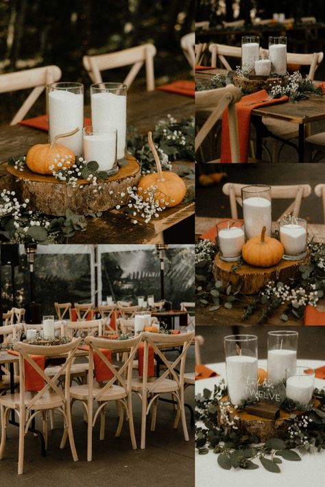 Fall-inspired wedding table setting in Colorado with pumpkins and autumn accents, ideal for a rustic and romantic reception Fall Theme Wedding Reception, Mini Pumpkin Wedding Decor, Fall Wedding Table Decor Pumpkins, Outdoor Fall Wedding Ceremony Decor, October Wedding Reception Ideas, Wedding Cake With Pumpkins, Pumpkin Wedding Table Decor, Wedding Pumpkin Decor, Fall Wedding Centerpieces With Pumpkins