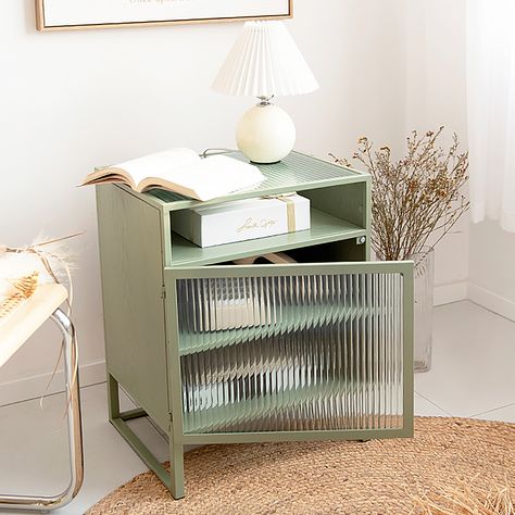 Nordic Minimalist Green Nightstand Glass Door Bedside Table with 2 Shelves Bedside Bookshelf, Green Nightstand, Aesthetic Nightstand, Unusual Bedside Tables, Bedroom Nightstand Decor, Small Bedroom Ideas For Women, Green Nightstands, Unique Bedside Tables, Minimalist Nightstand