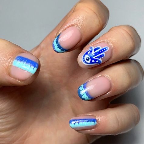 Lizzie Ocean Nails - Wirral on Instagram: “Loveeee this set 😍 I kept my own hamsa on my thumb for weeks so I was so happy to recreate this one 😍🧿💙 ⠀ @the_gelbottle_inc Bluefin, Dawn,…” Hamsa Nails, Ocean Nails, 2024 Nails, Summer 2024, So Happy, Nails, On Instagram, Instagram