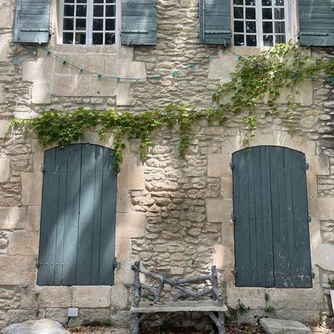 French Blue Shutters, House Shutter Colors, Grey Shutters, Provencal Garden, Grey Stone House, French Shutters, Country House Exterior, Provence House, Exterior Barn Doors