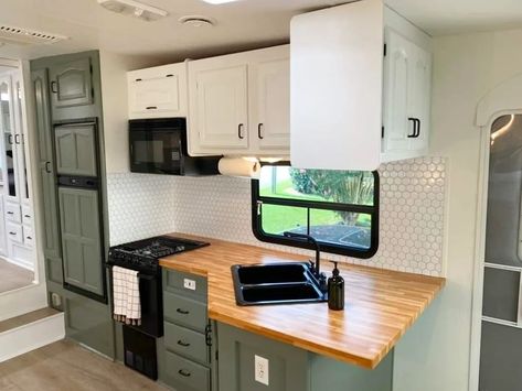 Green Rv Cabinets, Renovate Camper, Butcher Block Cabinets, Rv Bedroom Remodel, Before After Renovation, Rv Kitchen Remodel, Motorhome Remodel, Rv Interior Design, Rv Interior Remodel