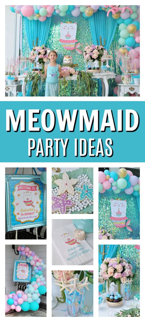 Pastel Party Decorations, Mermaid Backdrop, Kitty Mermaid, Mermaid Cat, Pastel Balloons, Cat Birthday Party, Fourth Birthday, Mermaid Theme, Cool Birthday Cakes