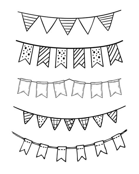 Doodle party bunting flags set. Black line sketch garlands British Tea Party, Flag Drawing, About Blank, Bullet Journal Ideas Templates, Banner Drawing, Doodle Fonts, Line Sketch, Party Flags, Party Bunting