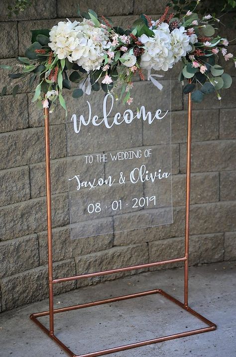 copper sign | Rusticurbangoods Feather Wedding Decorations, Wedding Rehearsal Dinner Decorations, Rental Ideas, Metal Wedding Arch, Acrylic Ideas, Wedding Entrance Decor, Wedding Planning Decor, Acrylic Signs, Arch Decoration